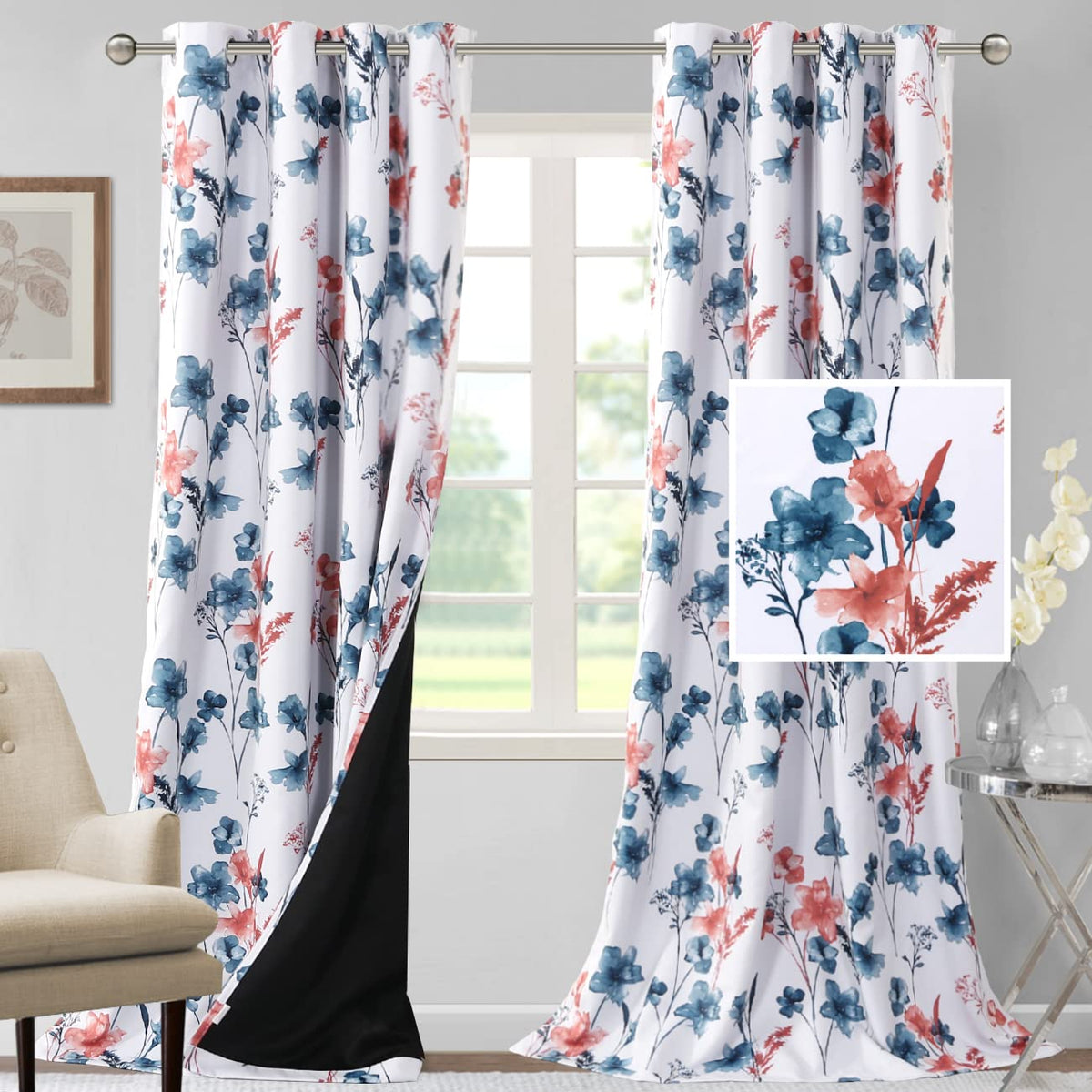 H.VERSAILTEX 100% Blackout Curtains 84 inch Length 2 Panels Set Cattleya Floral Printed Drapes Leah Floral Thermal Curtains for Bedroom with Black Liner Sound Proof Curtains, Grey and Taupe