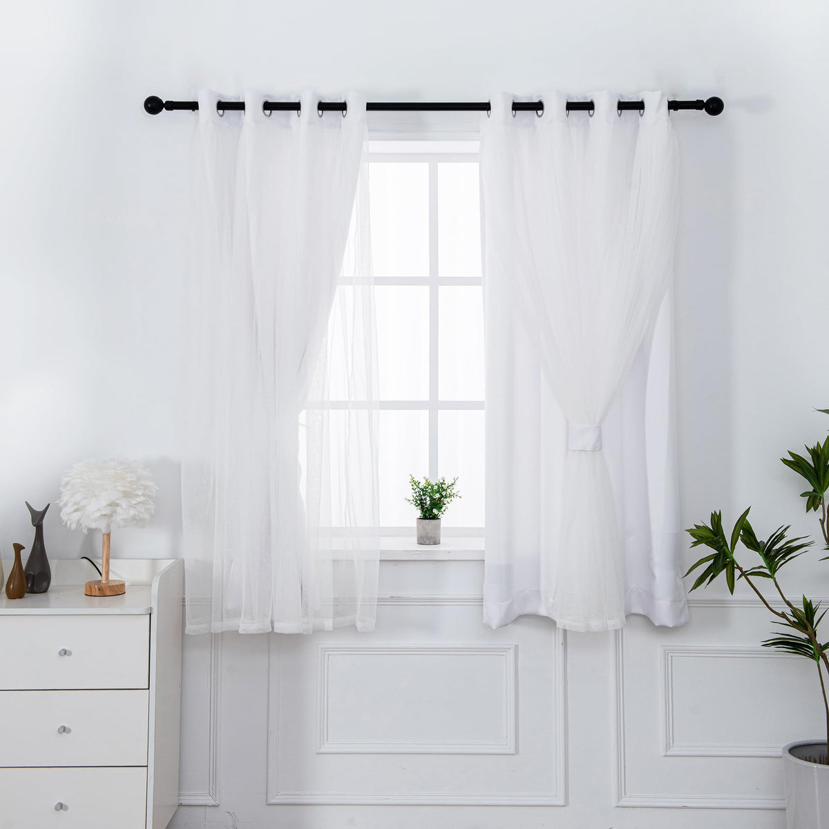 INLINAS Blackout Curtains with Sheer Overlay, Beige, 52x84 Inches