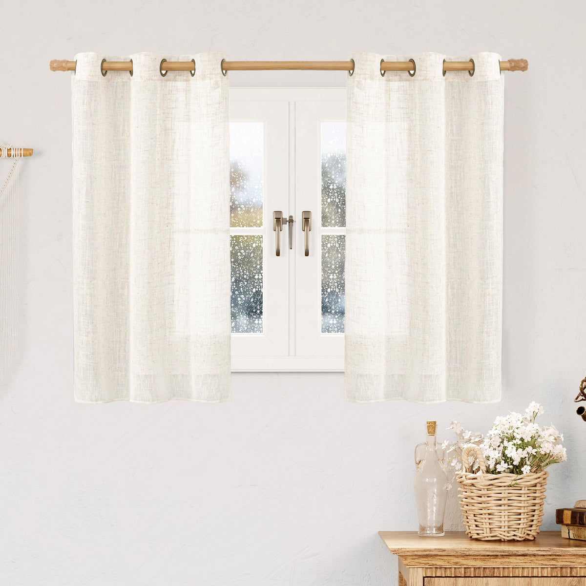 LAMIT Cream Ivory Linen Semi Sheer Curtains 84 inch Length for Bedroom
