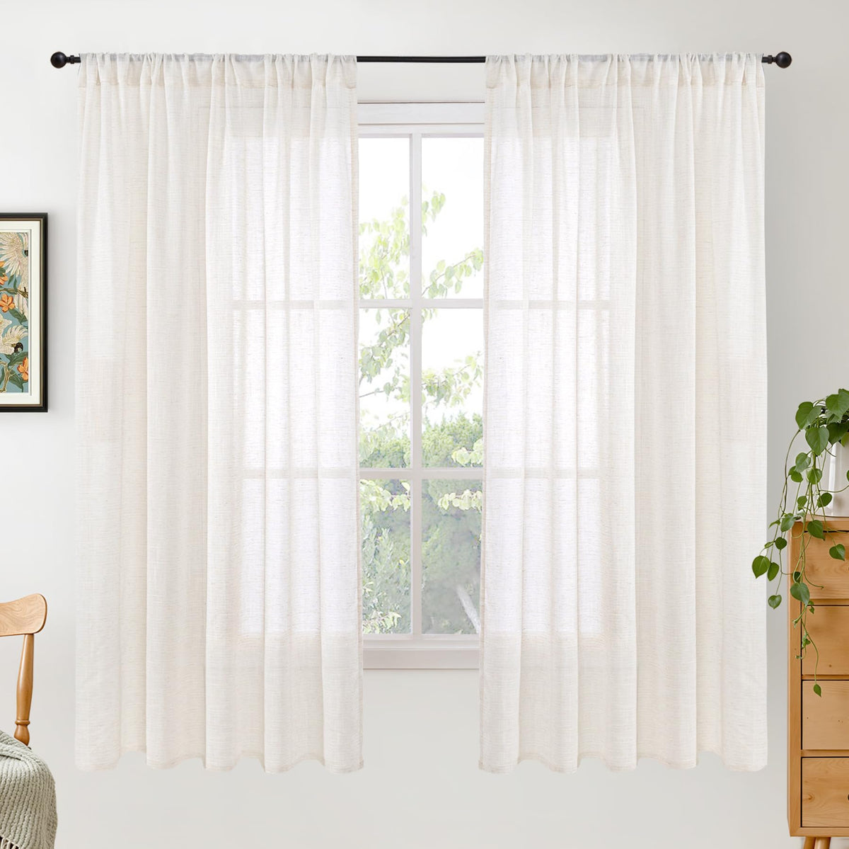 BGment Tan Linen Curtains 84 Inch Length 2 Panels Burlap Semi Sheer Drapes