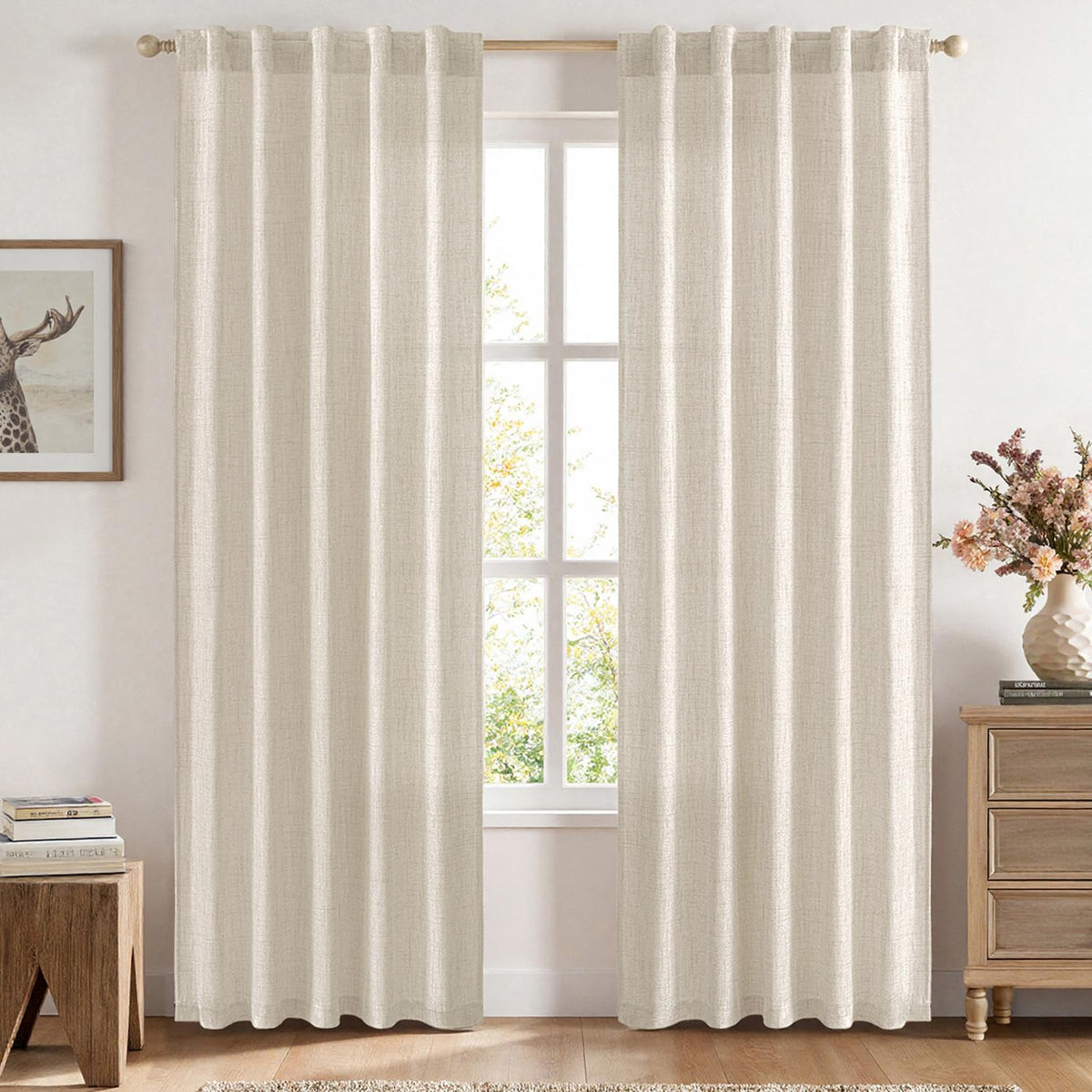 MIULEE Faux Linen Curtains 90 Inch Length 2 Panels Natural Semi Sheer Curtain with Back Tab Rod Pocket, Light Filtering Window Privacy Burlap Drapes for Living Room Bedroom 42W x 90L Linen