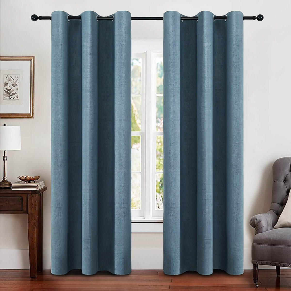 MIULEE 100% Blackout Linen Curtains for Bedroom 52x84 Inches Dusty Blue