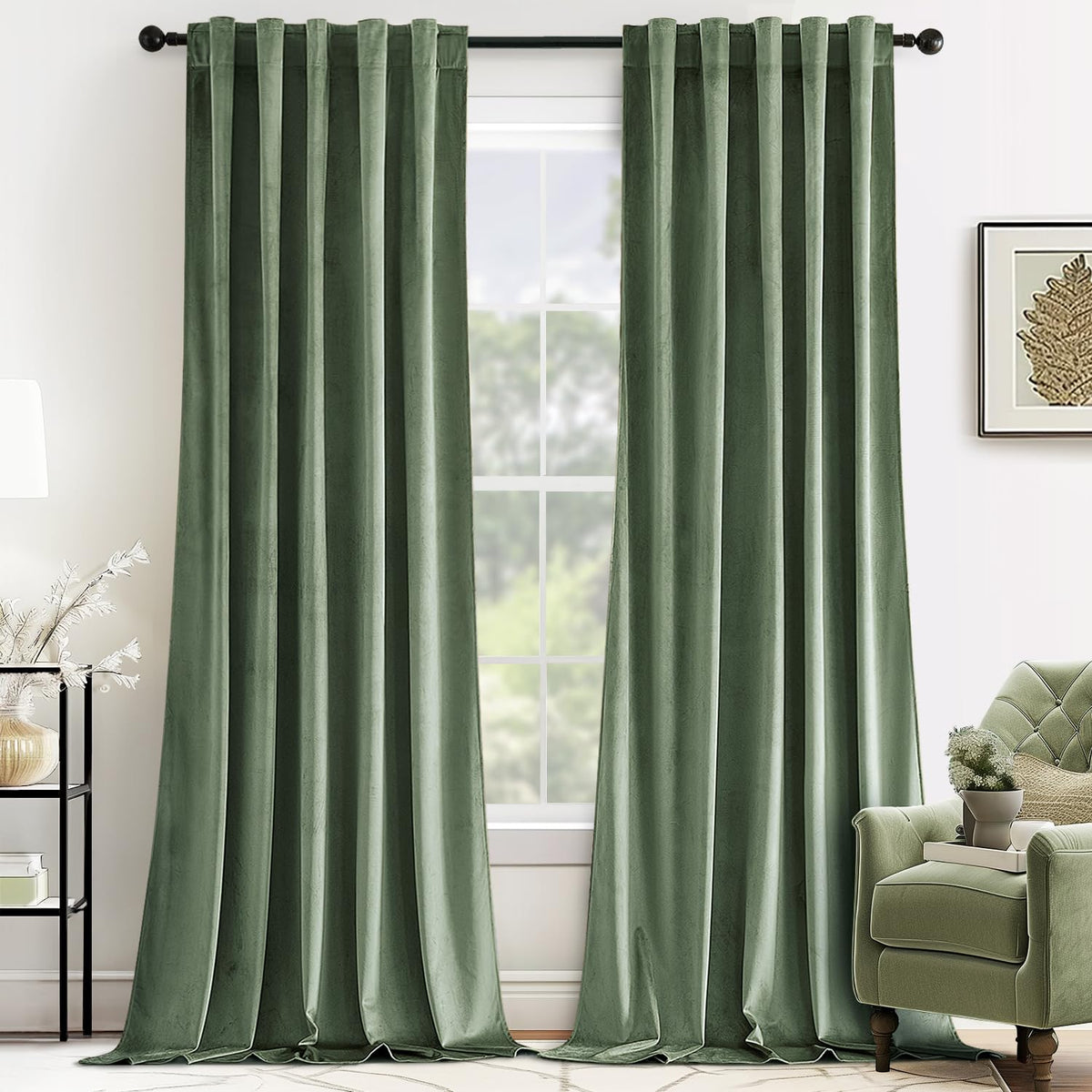 MIULEE Velvet Curtains 52x84 inches 2 Panels Olive Green Blackout Curtains
