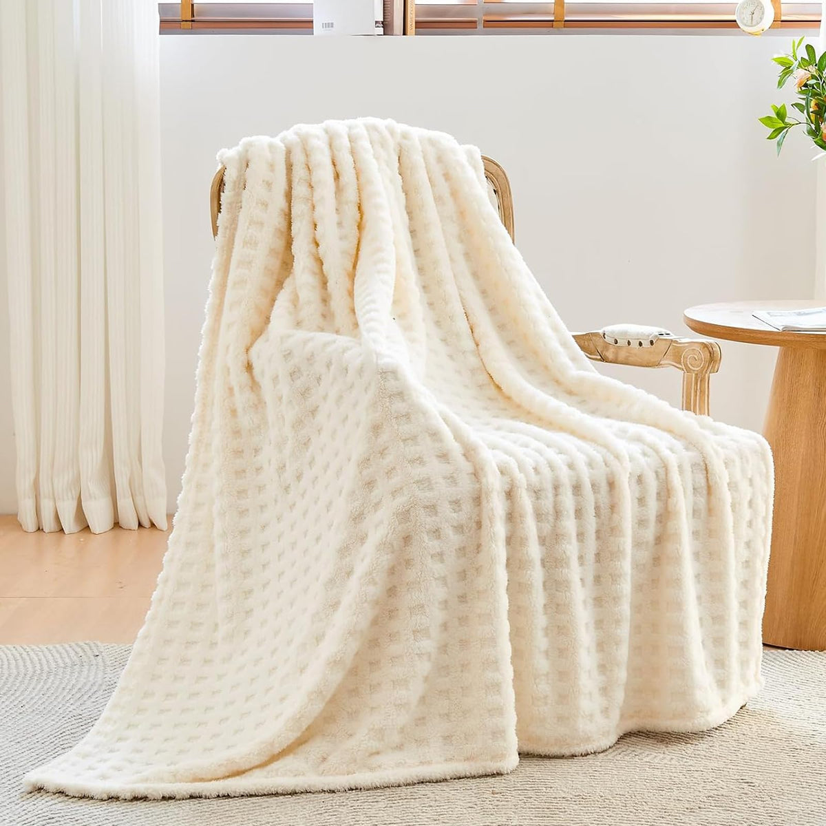 NEWCOSPLAY 3D Checkered Flannel Throw Blanket, Ivory Checkered, 50"x70"