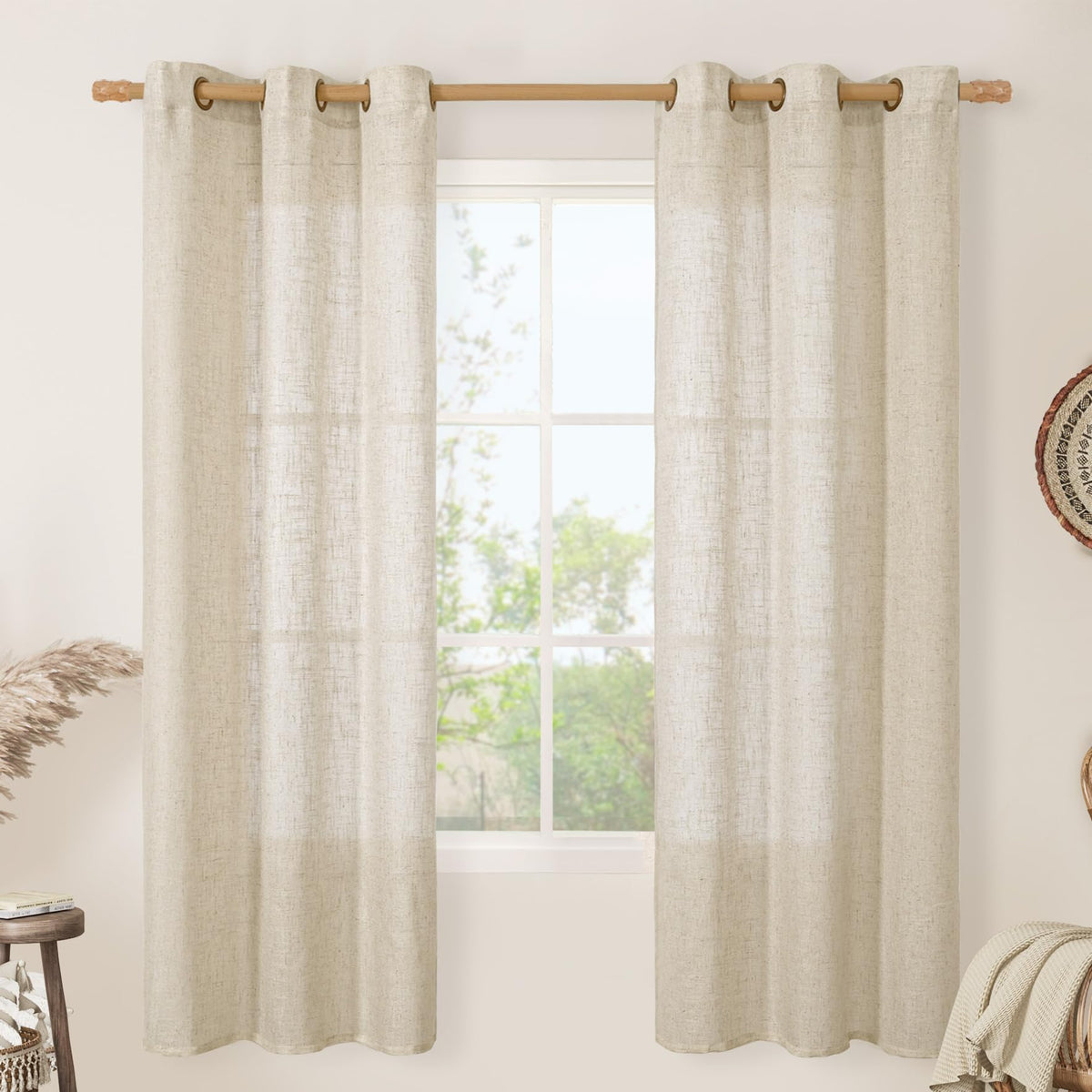 LAMIT Cream Ivory Linen Semi Sheer Curtains 84 inch Length for Bedroom