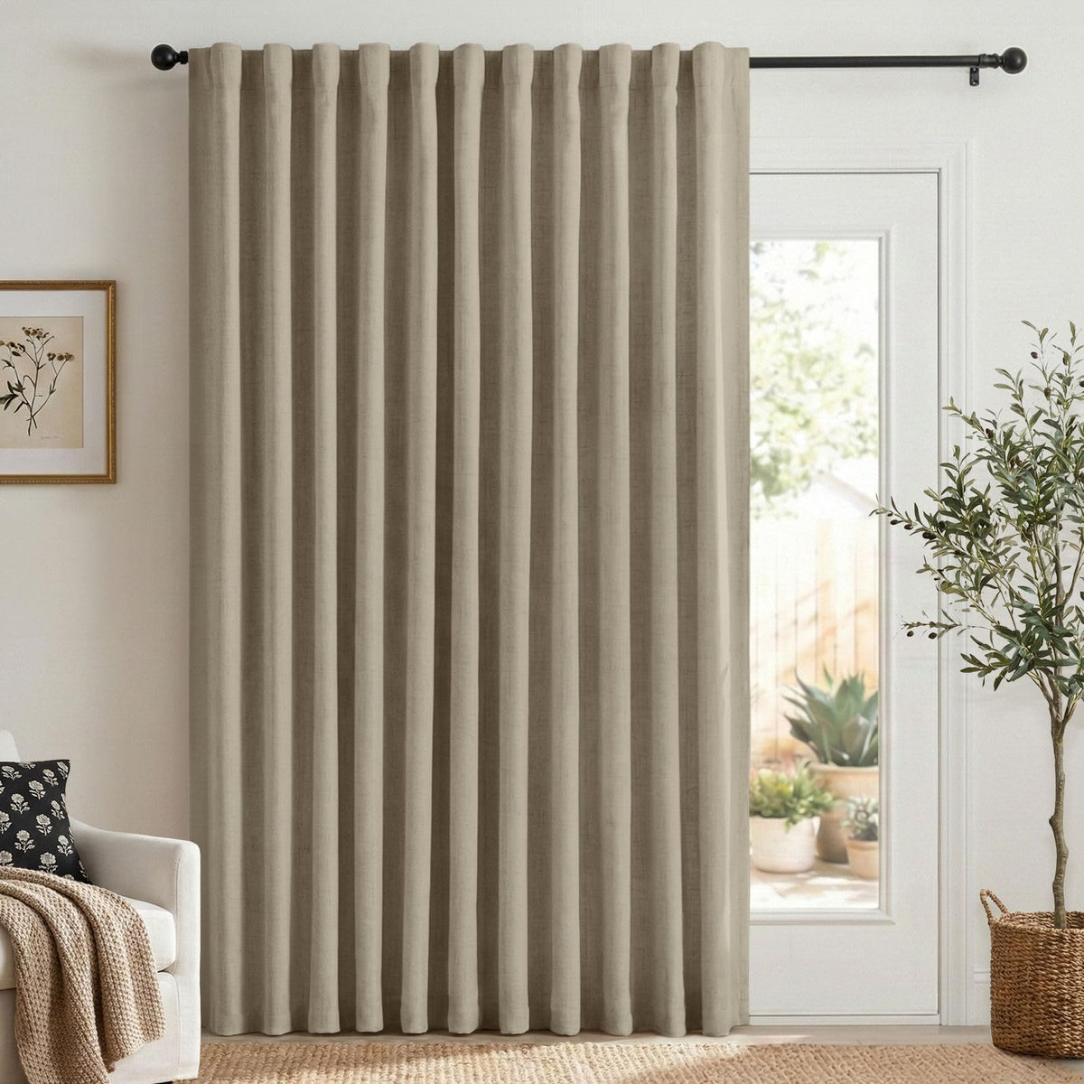 Linen Total Blackout Curtains for Bedroom Living Room 84 Inch, Cream