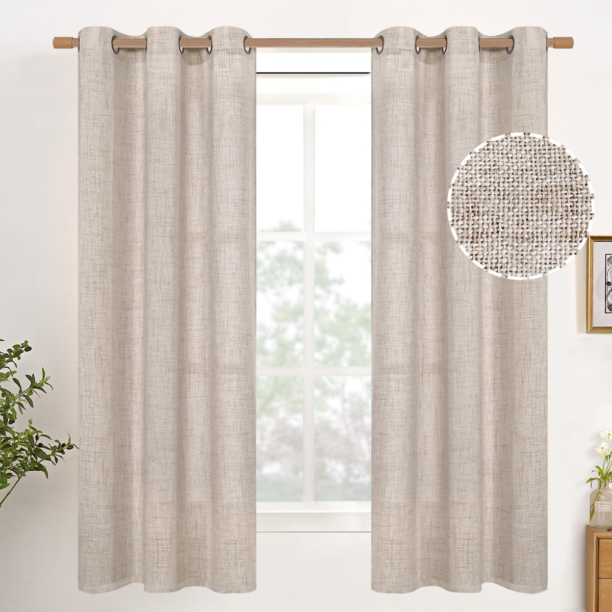 YoungsTex Linen Semi Sheer Curtains 63 Inch Length, Light Filtering Drapes