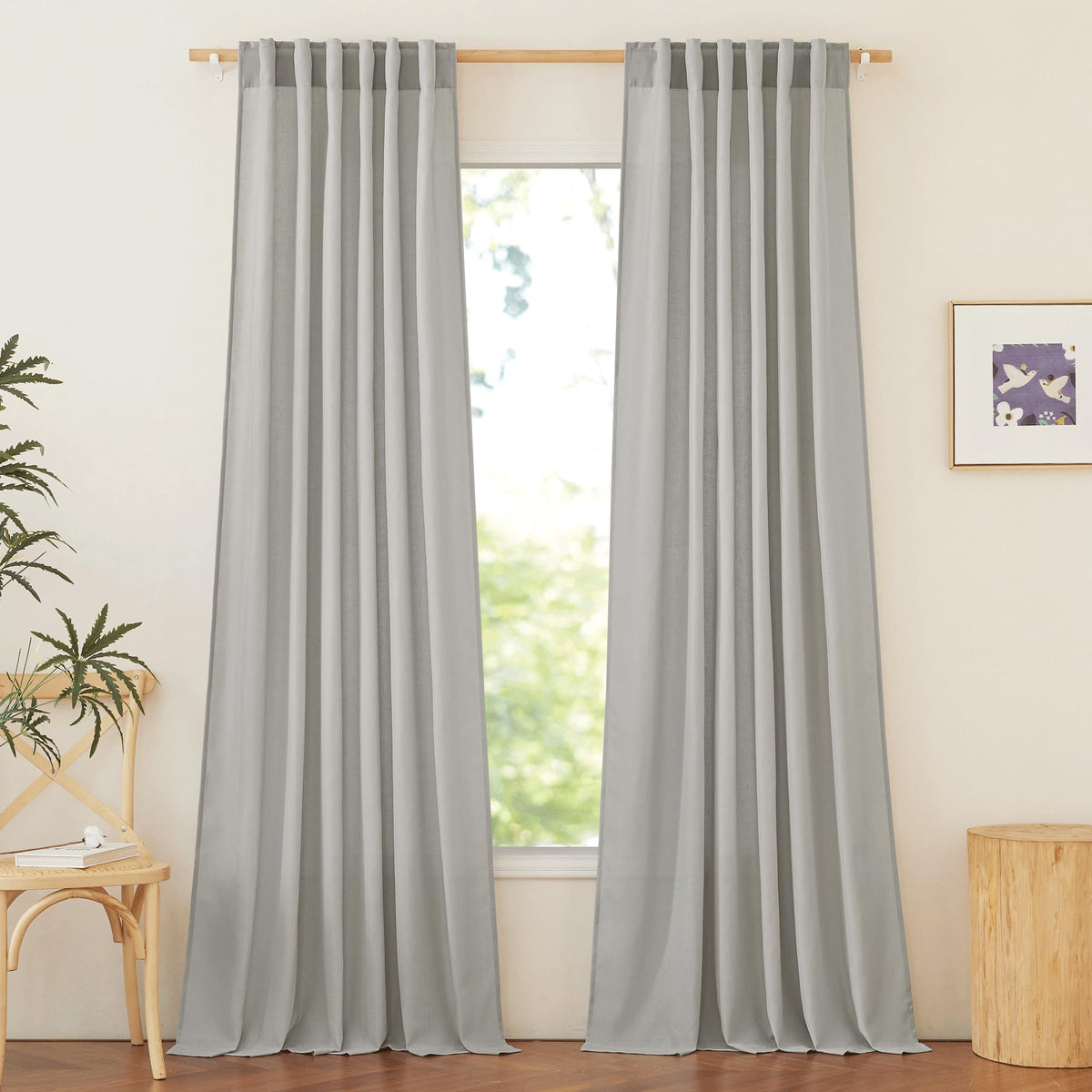 NICETOWN Flax Sheer Linen Curtains for Living Room 95 inch Long 2 Panels, Rod Pocket & Back Tab Semi Sheer Drapes Privacy Added with Light Filtering for Bedroom/Living Room, Natural, W55 x L95