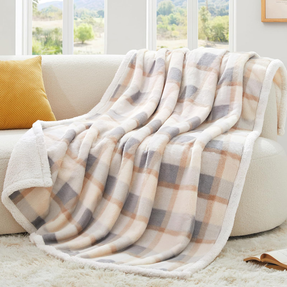 PU MEI Sherpa Fleece Throw Blanket 60" x 80" Reversible Plush Fluffy Large Big Blanket Lattice Flannel Blankets for Sofa Couch Bed (Grey-Soft Blue, 60"*80")