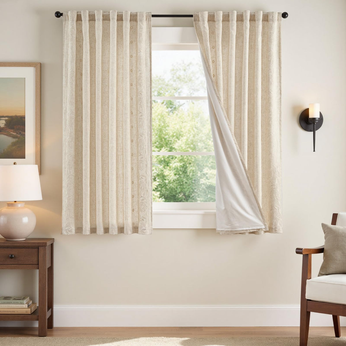 jinchan Sage Floral Linen Curtains for Living Room 84" Back Tab 2 Panels
