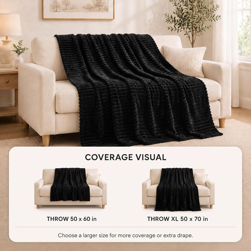 HIMEET Black Throw Blanket for Couch, 300GSM Ribbed Fleece, 50 x 60 Inches