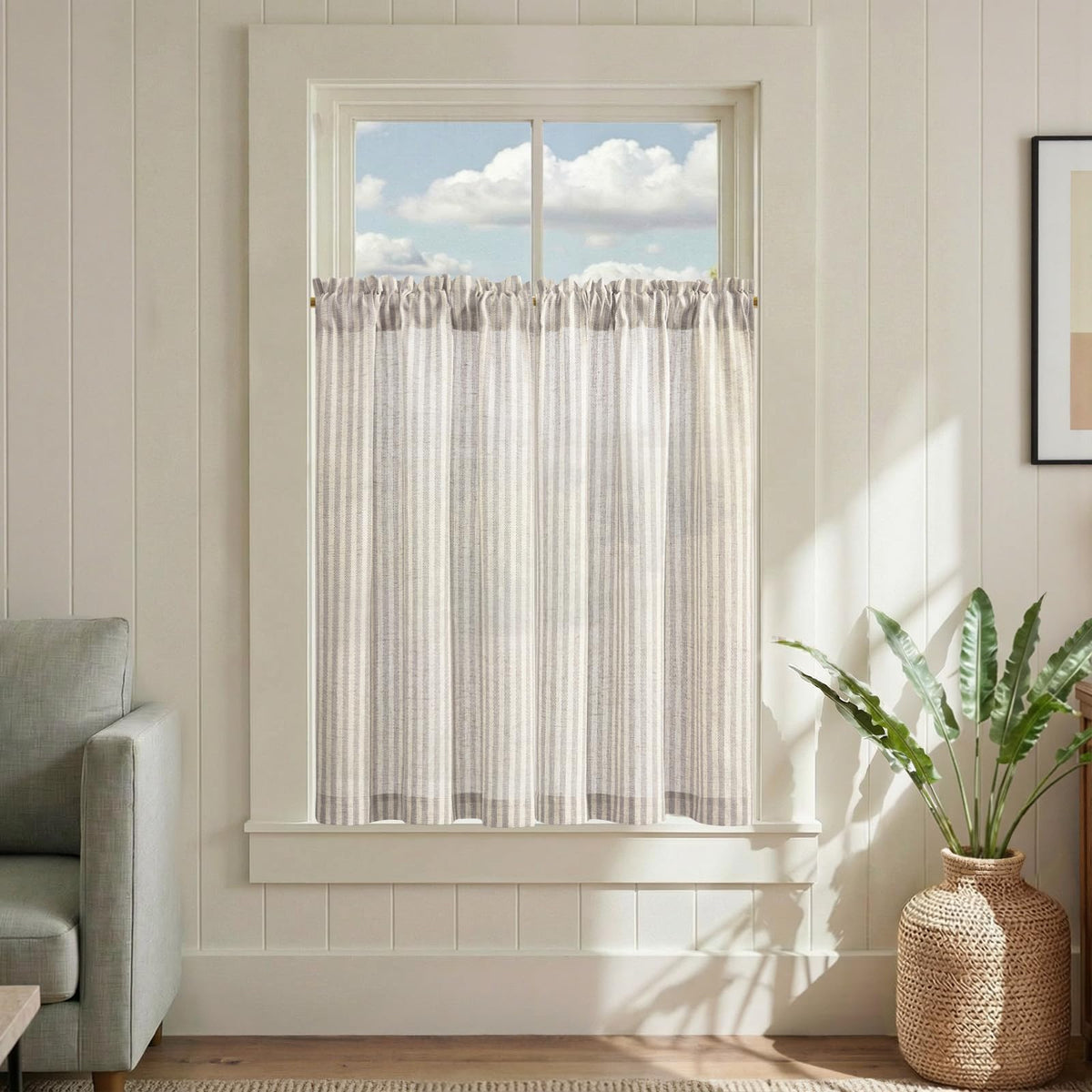 jinchan Striped Linen Kitchen Curtains 36 Inches Length Tier Curtains Farmhouse Modern Cafe Style Small Window Treatments Airy Light Filtering Rod Pocket for Living Room Bathroom 2 Panels Sage Green
