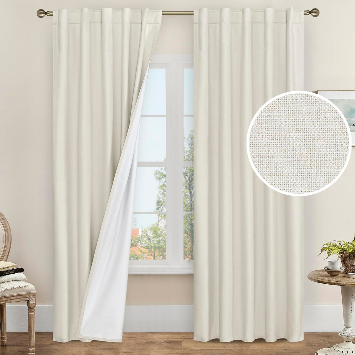 LAMIT 100% Blackout Short Linen Curtains for Cafe 40 Inch Length, Ivory