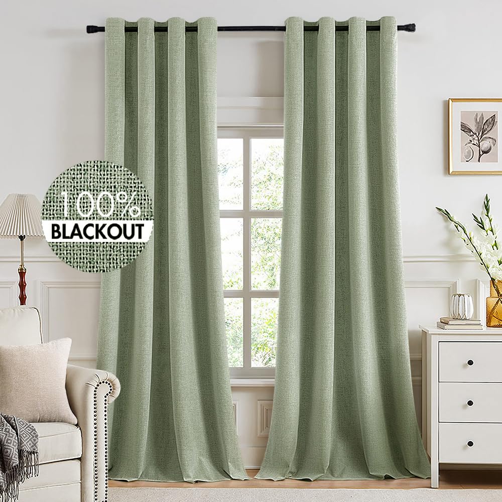MIULEE 100% Blackout Linen Curtains for Bedroom 52x84 Inches Dusty Blue