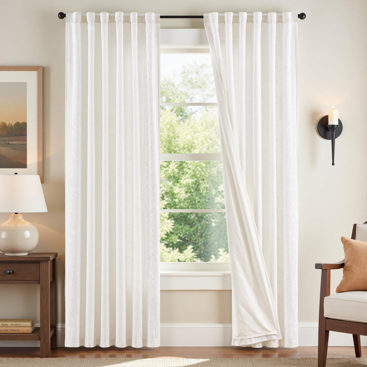 jinchan Sage Floral Linen Curtains for Living Room 84" Back Tab 2 Panels