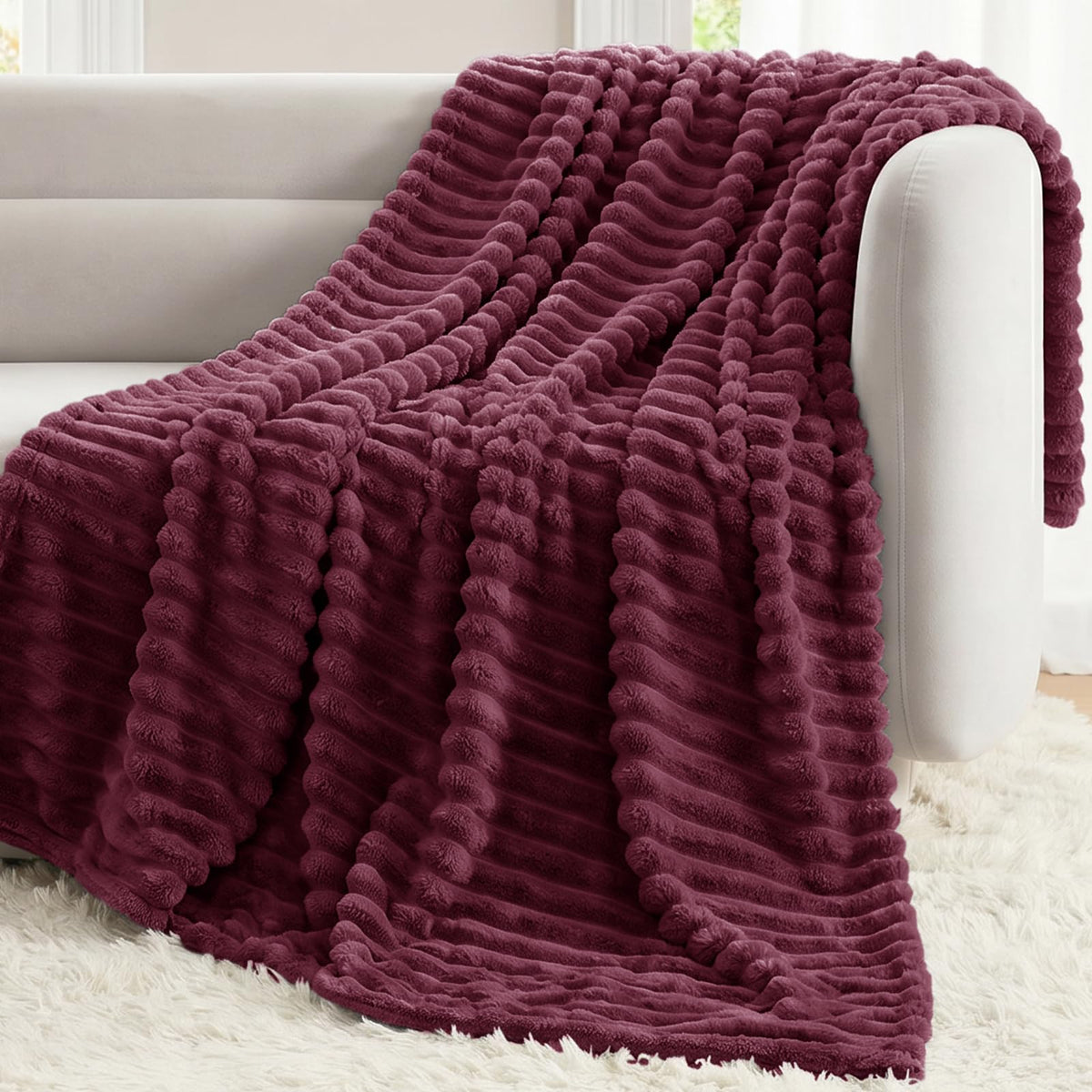 CozyLux Black Throw Blanket for Couch, Ribbed Fleece, 50 x 60 Inch