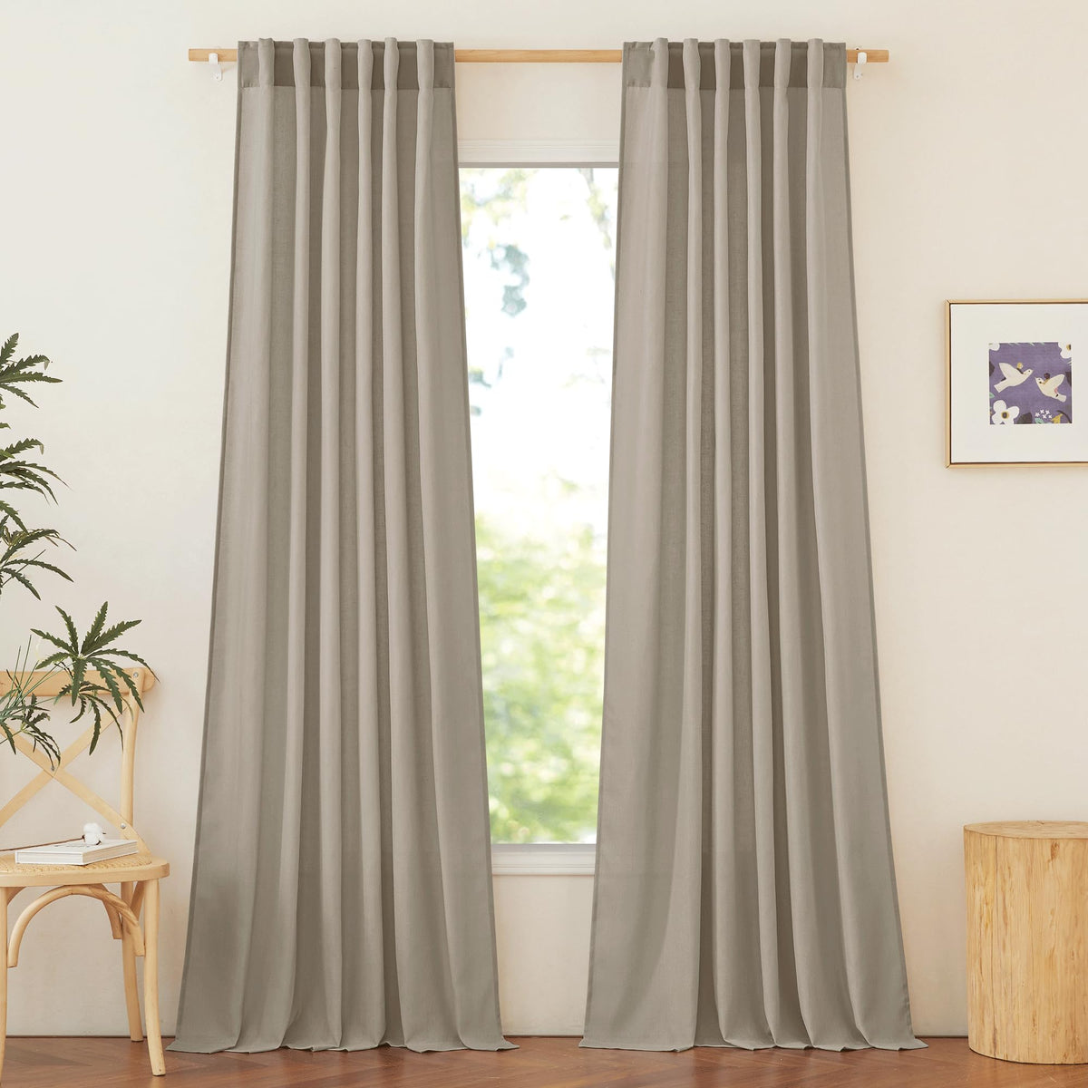 NICETOWN Flax Sheer Linen Curtains for Living Room 95 inch Long 2 Panels, Rod Pocket & Back Tab Semi Sheer Drapes Privacy Added with Light Filtering for Bedroom/Living Room, Natural, W55 x L95