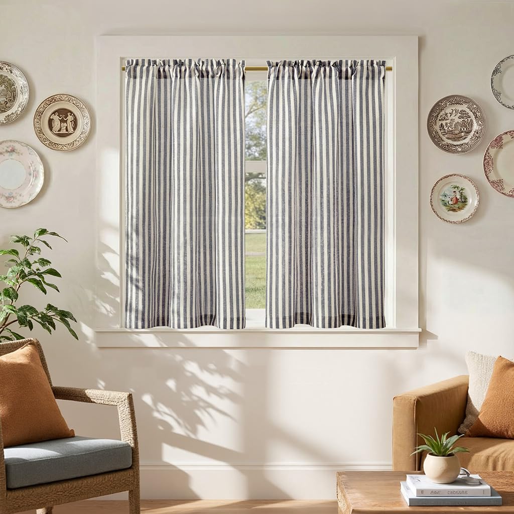 jinchan Striped Linen Kitchen Curtains 36 Inches Length Tier Curtains Farmhouse Modern Cafe Style Small Window Treatments Airy Light Filtering Rod Pocket for Living Room Bathroom 2 Panels Sage Green
