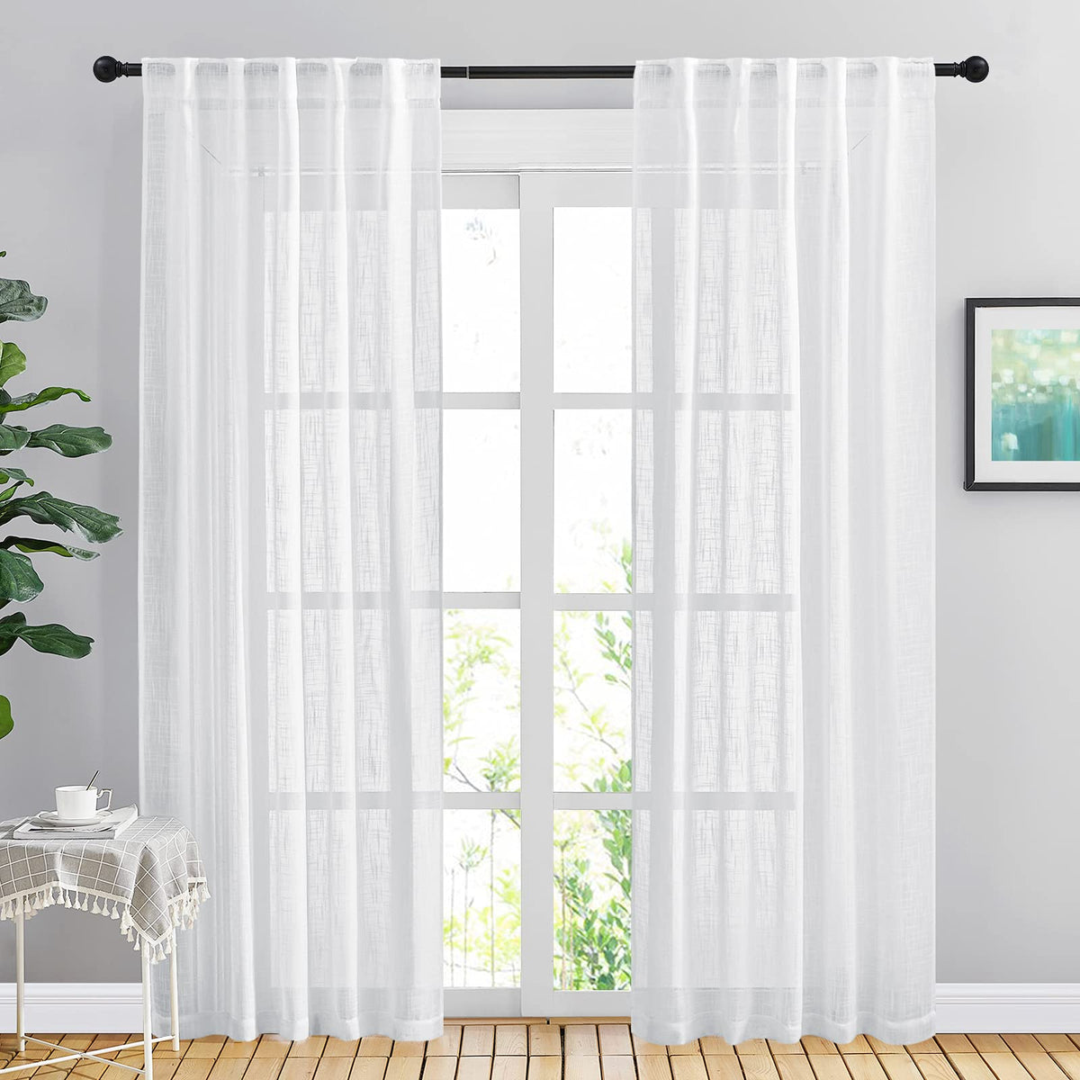 NICETOWN White Linen Sheer Curtains and Drapes 84 inches Long, Rod Pocket & Back Tab semitransparent with Light Through Vertical Window Treatments for Sliding Glass Door & Living Room, 52"W, Set of 2