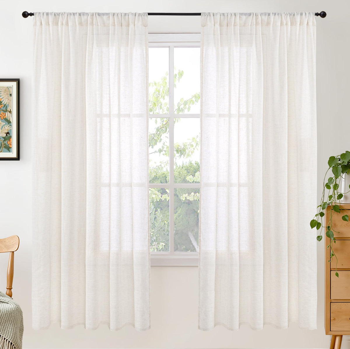 BGment Tan Linen Curtains 84 Inch Length 2 Panels Burlap Semi Sheer Drapes