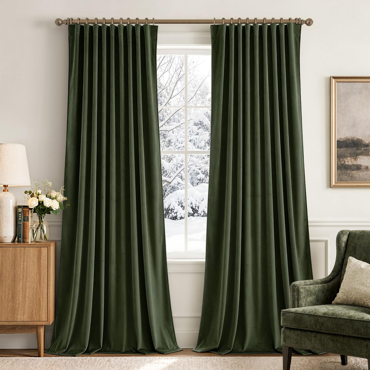MIULEE Sage Green Velvet Pinch Pleat Blackout Curtains W52 X L108 Inches