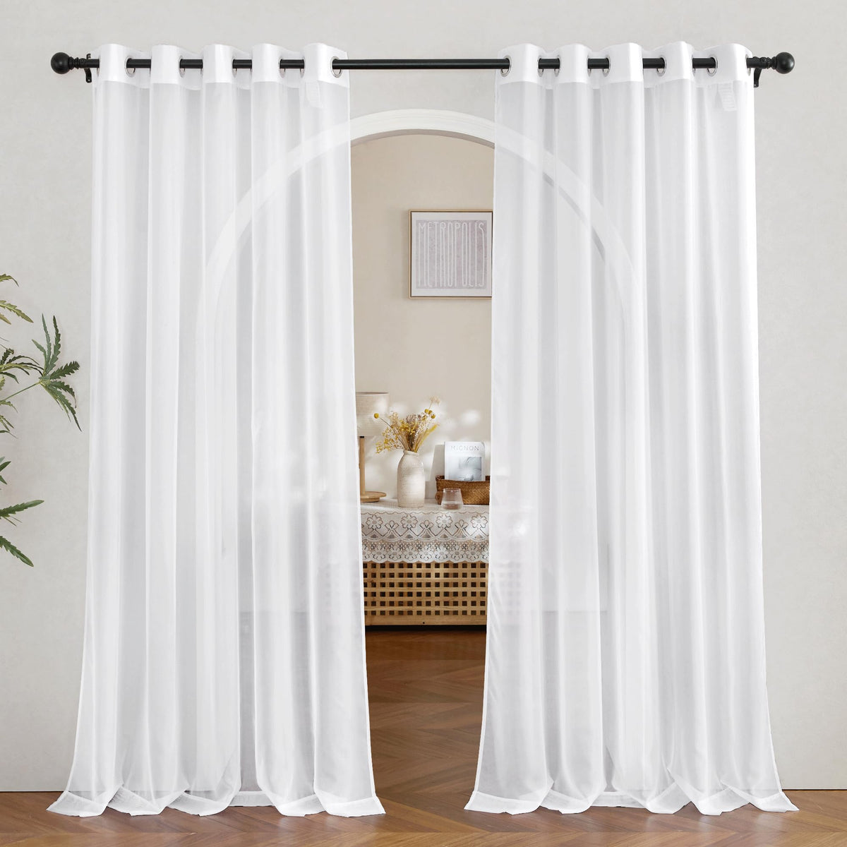 NICETOWN White Sheer Curtains & Drapes 96 inches Long for Living Room - Grommet Top Solid Lightweight & Airy Gauzy Window Treatments with Light Filtering for Bedroom, 2 Panels, W54 x L96