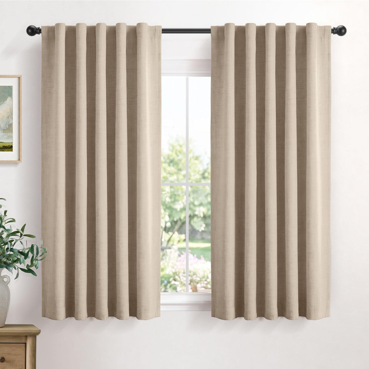 Linen Total Blackout Curtains for Bedroom Living Room 84 Inch, Cream