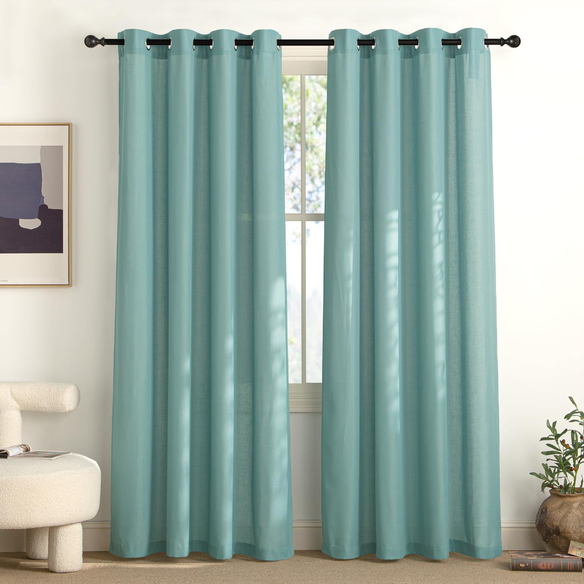 NICETOWN Natural Linen Curtains 84 inch Long 2 Panels Set, Grommet Top Thick Linen Burlap Semi Sheer Vertical Drapes Privacy Assured with Light Filtering for Bedroom/Living Room, W55 x L84