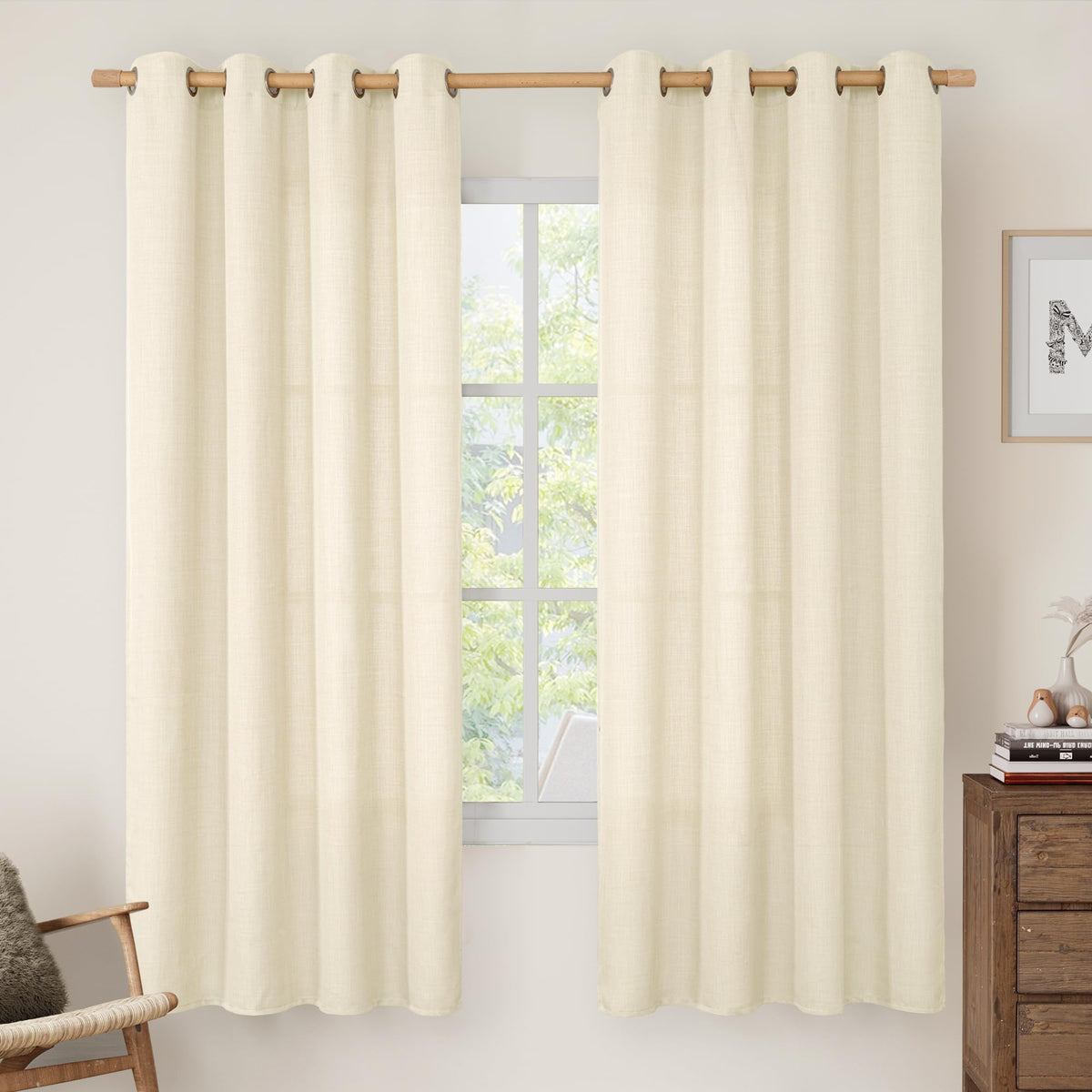 LAMIT Cream Ivory Linen Semi Sheer Curtains 84 inch Length for Bedroom