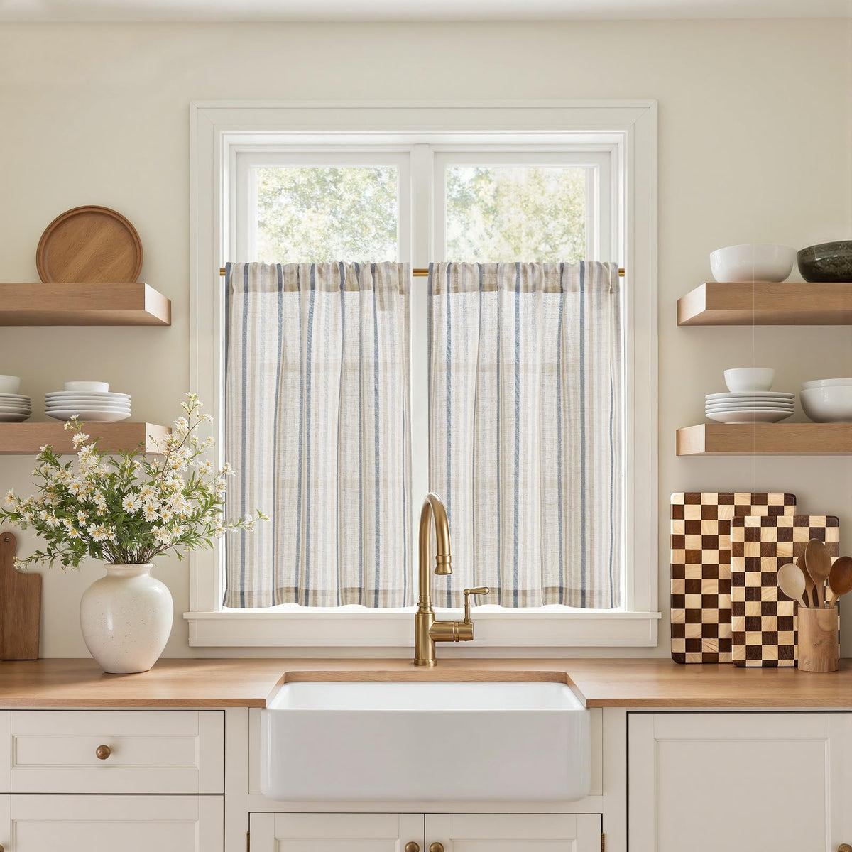 jinchan Striped Linen Kitchen Curtains 36 Inches Length Tier Curtains Farmhouse Modern Cafe Style Small Window Treatments Airy Light Filtering Rod Pocket for Living Room Bathroom 2 Panels Sage Green