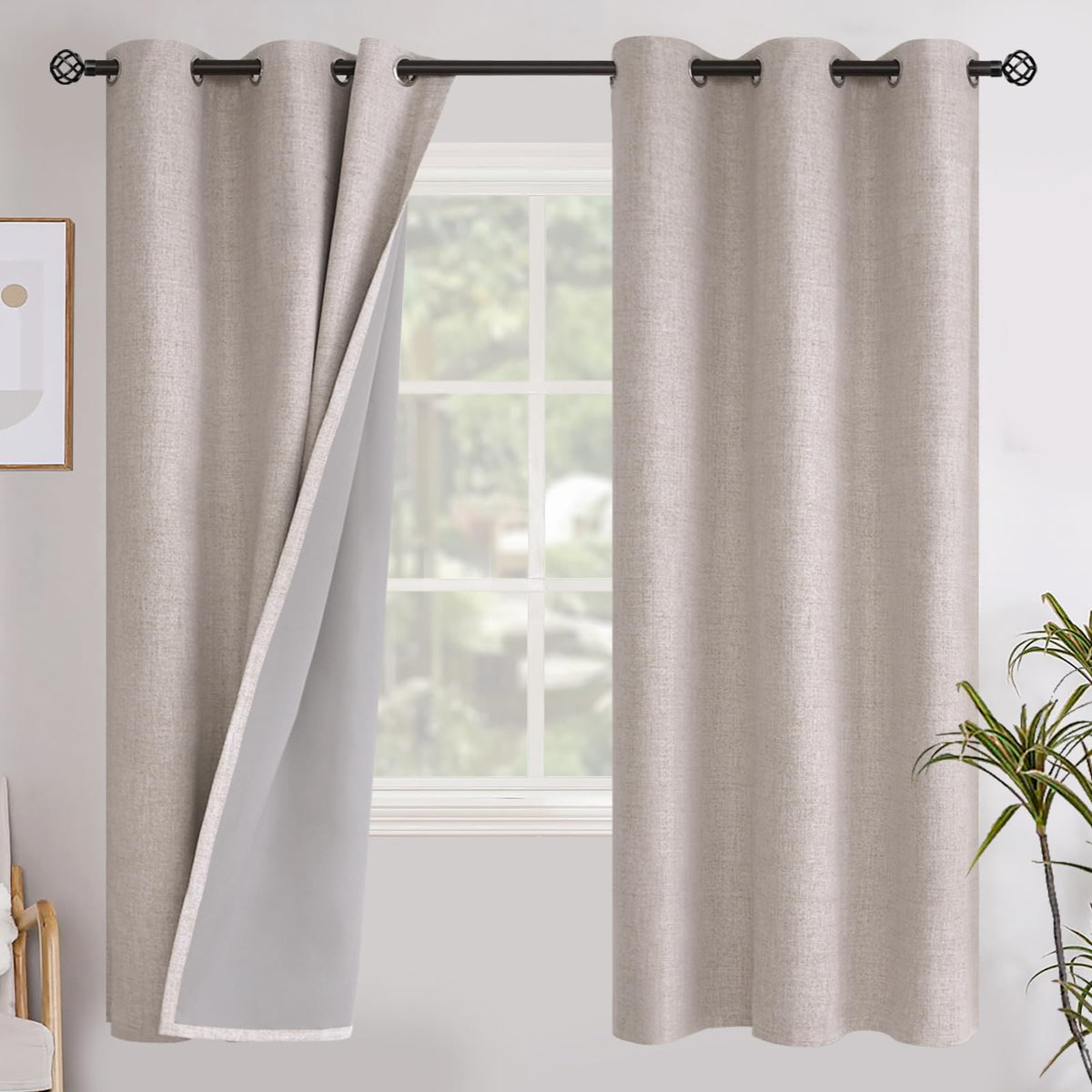 YoungsTex Linen Blackout Curtains 63 Inch Length Bedroom Beige Darkening