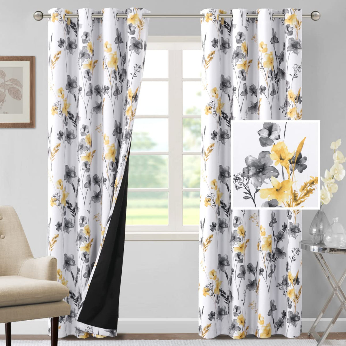 H.VERSAILTEX 100% Blackout Curtains 84 inch Length 2 Panels Set Cattleya Floral Printed Drapes Leah Floral Thermal Curtains for Bedroom with Black Liner Sound Proof Curtains, Grey and Taupe