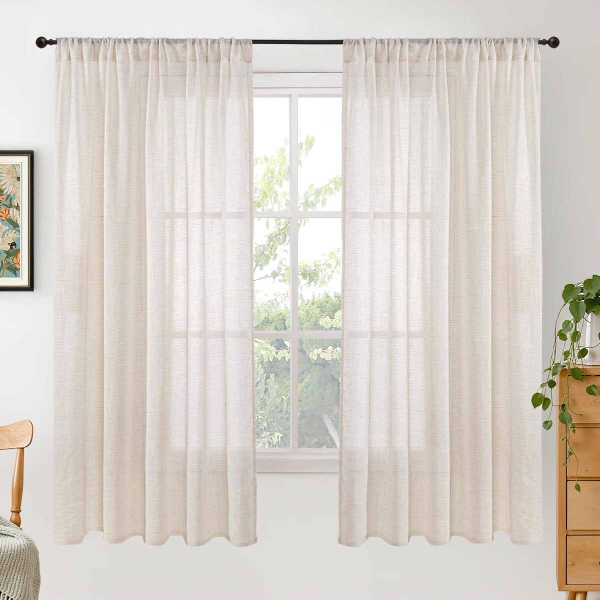 BGment Tan Linen Curtains 84 Inch Length 2 Panels Burlap Semi Sheer Drapes
