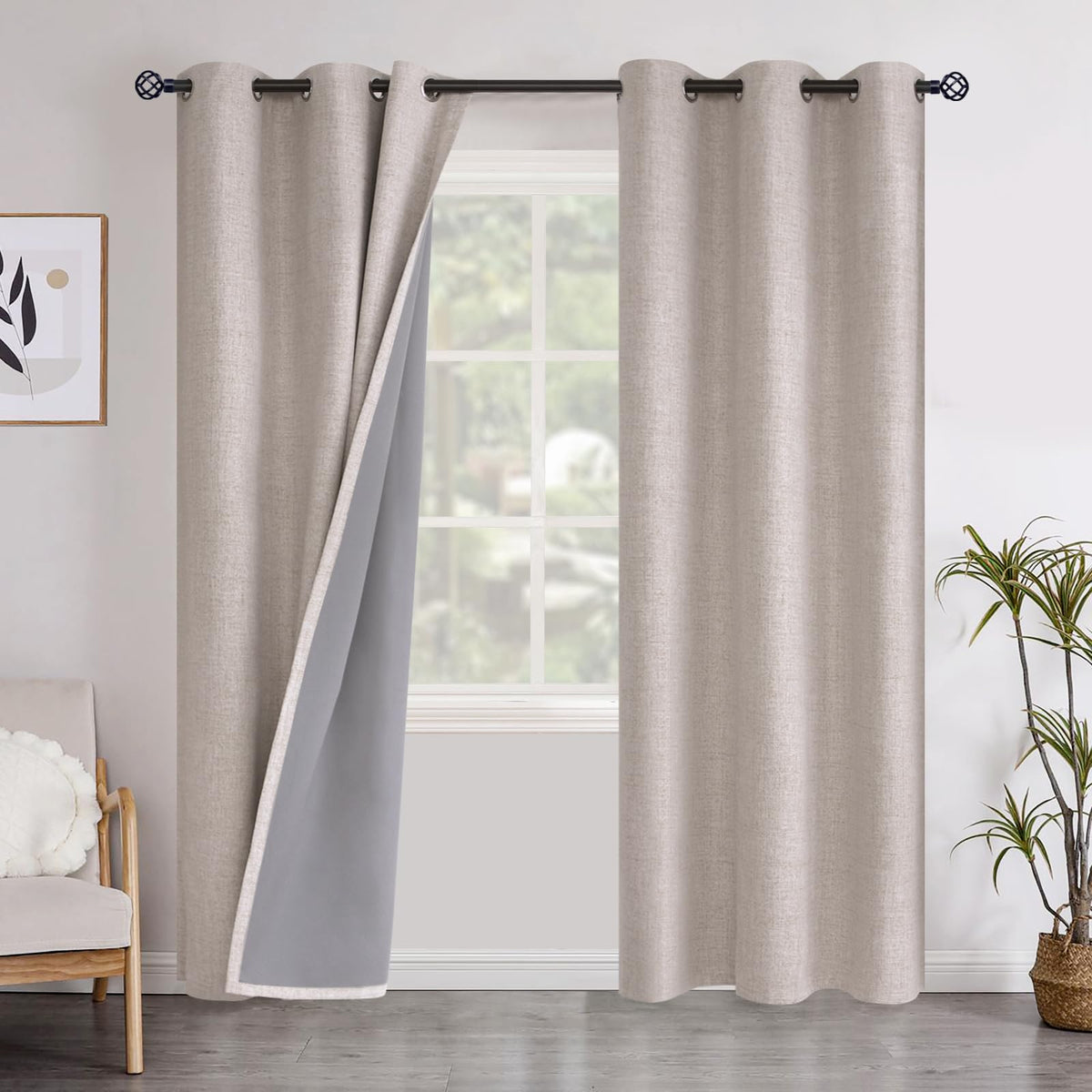 YoungsTex Linen Blackout Curtains 63 Inch Length Bedroom Beige Darkening