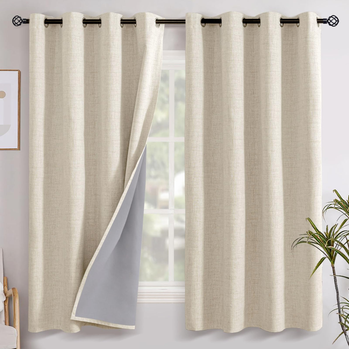 YoungsTex Linen Blackout Curtains 63 Inch Length Bedroom Beige Darkening