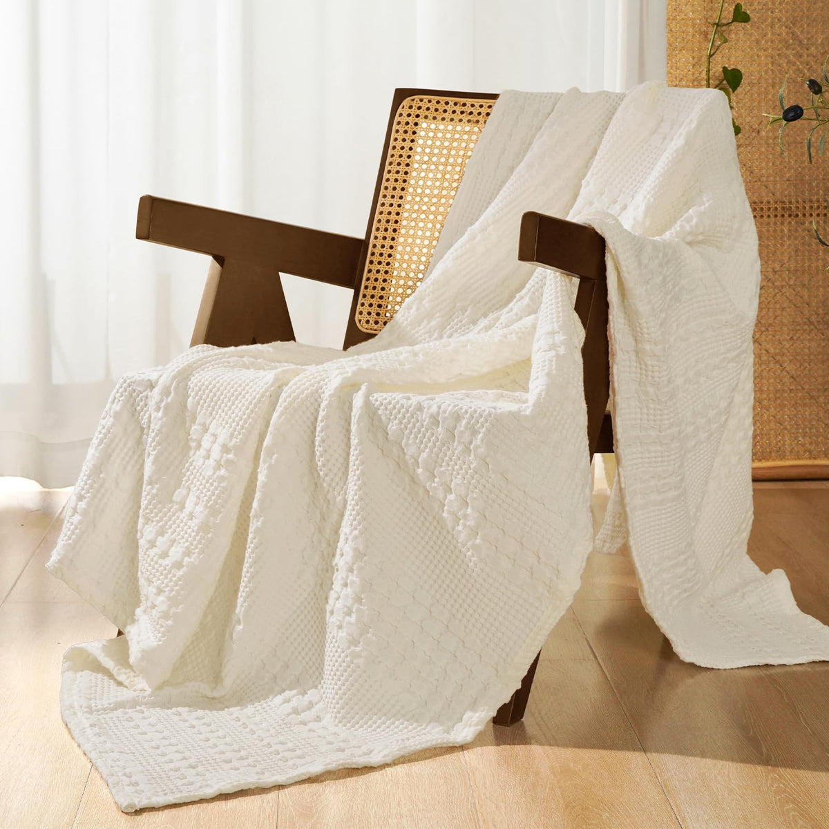 PHF Lightweight 100% Cotton Waffle Throw Blanket for Couch, Light Taupe