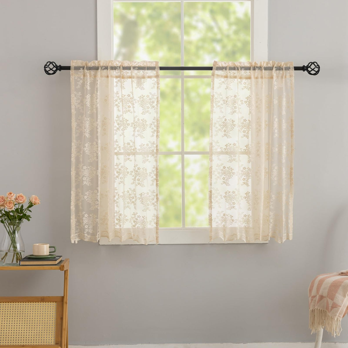 YJ YANJUN Vintage Lace Curtains 84 Inches Long-Victorian Floral Pattern Ivory Sheer Curtain Panels for Living Room Bedroom French Door, Light Filtering Drapes, 2 Panels 52W x 84L Cream