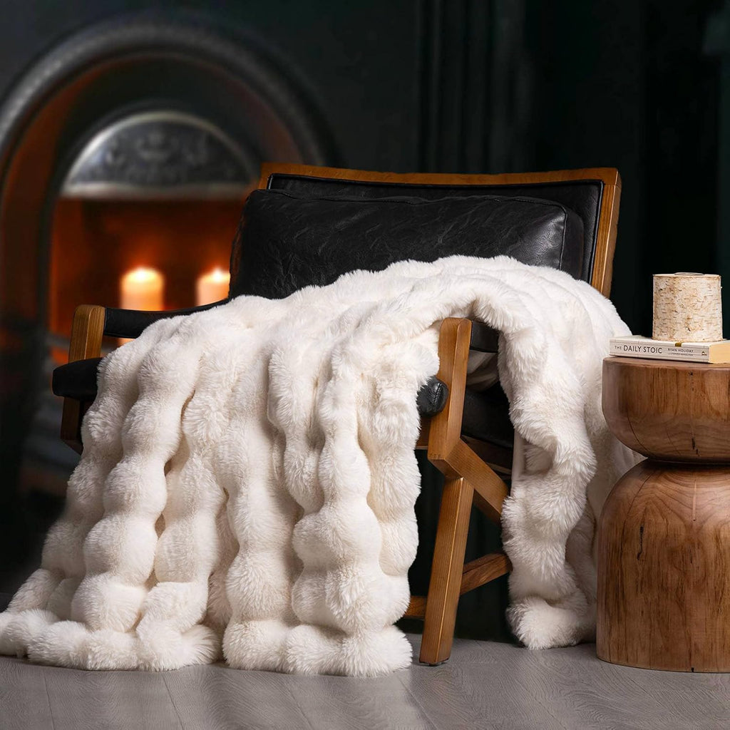 EverGrace Faux Rabbit Fur Bubble Throw Blanket, 60"x80", Ivory White