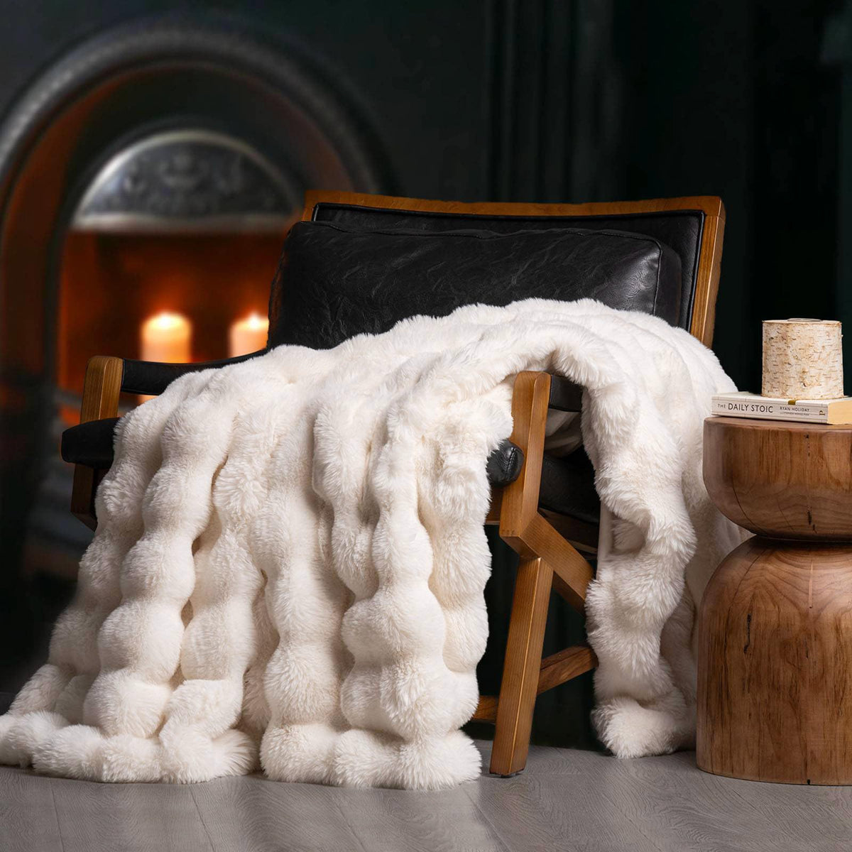 EverGrace Faux Rabbit Fur Bubble Throw Blanket, 60"x80", Ivory White