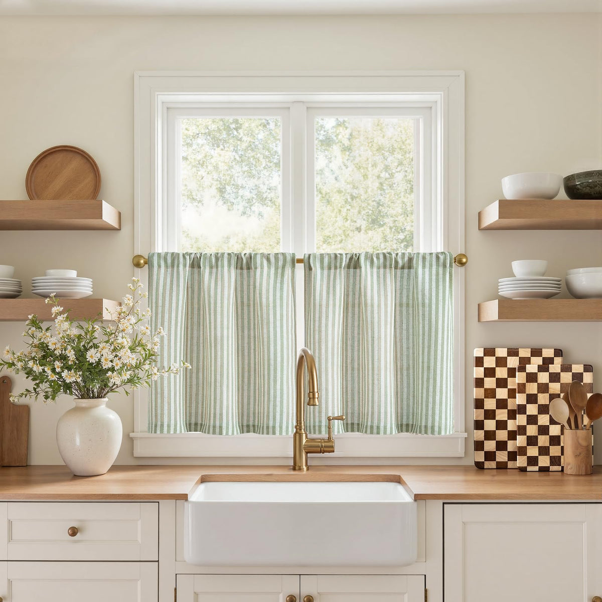 jinchan Striped Linen Kitchen Curtains 36 Inches Length Tier Curtains Farmhouse Modern Cafe Style Small Window Treatments Airy Light Filtering Rod Pocket for Living Room Bathroom 2 Panels Sage Green