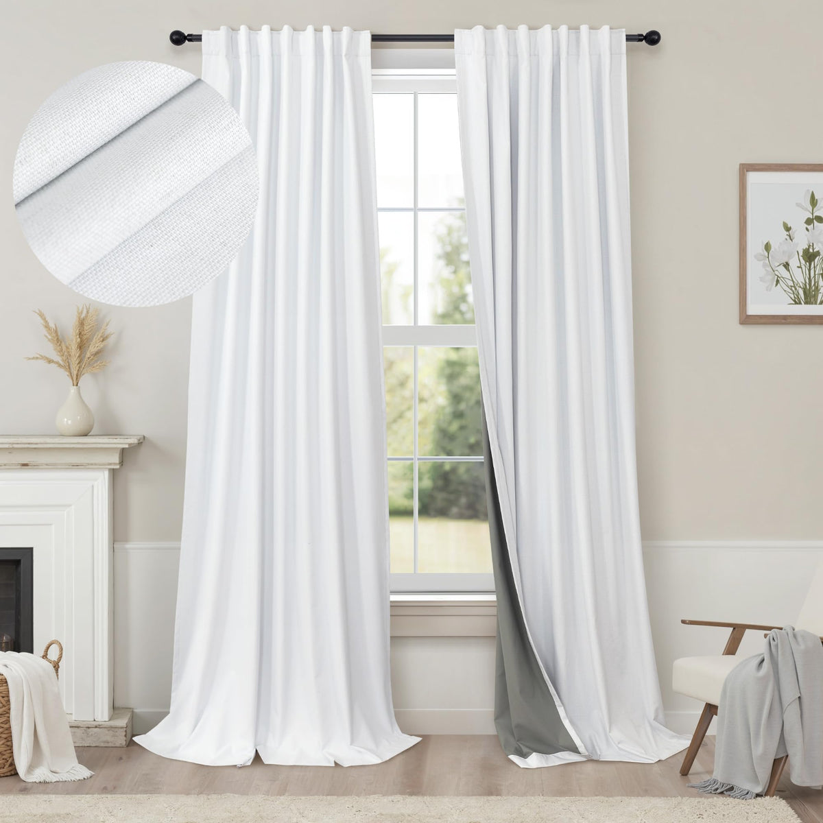 100% Blackout Curtains 84 Inch Length 2 Panels Set Neutral Boho Linen Farmhouse for Bedroom Windows Living Room Darkening Thermal Insulated Drapes Natural Cream Ivory 7ft Long Back Tab Pleated Pocket