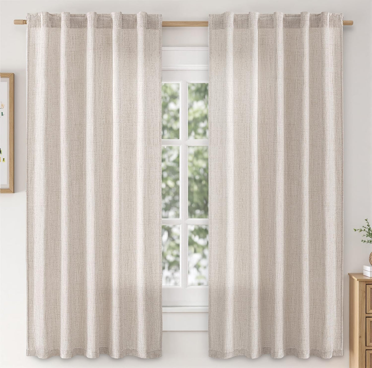 MIULEE Faux Linen Curtains 90 Inch Length 2 Panels Natural Semi Sheer Curtain with Back Tab Rod Pocket, Light Filtering Window Privacy Burlap Drapes for Living Room Bedroom 42W x 90L Linen