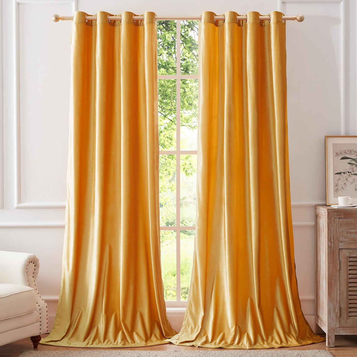 BULBUL Velvet Gold Grommet Blackout Curtains 84 inch Length for Living Room