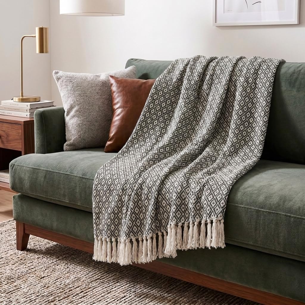 Americanflat 50x60 Throw Blanket - Soft and Breathable Cotton Throw Blanket for Couch, Bed, Chair - Decorative Blankets Perfect for Home, Office, or Outdoor Use - Cream Herringbone Design