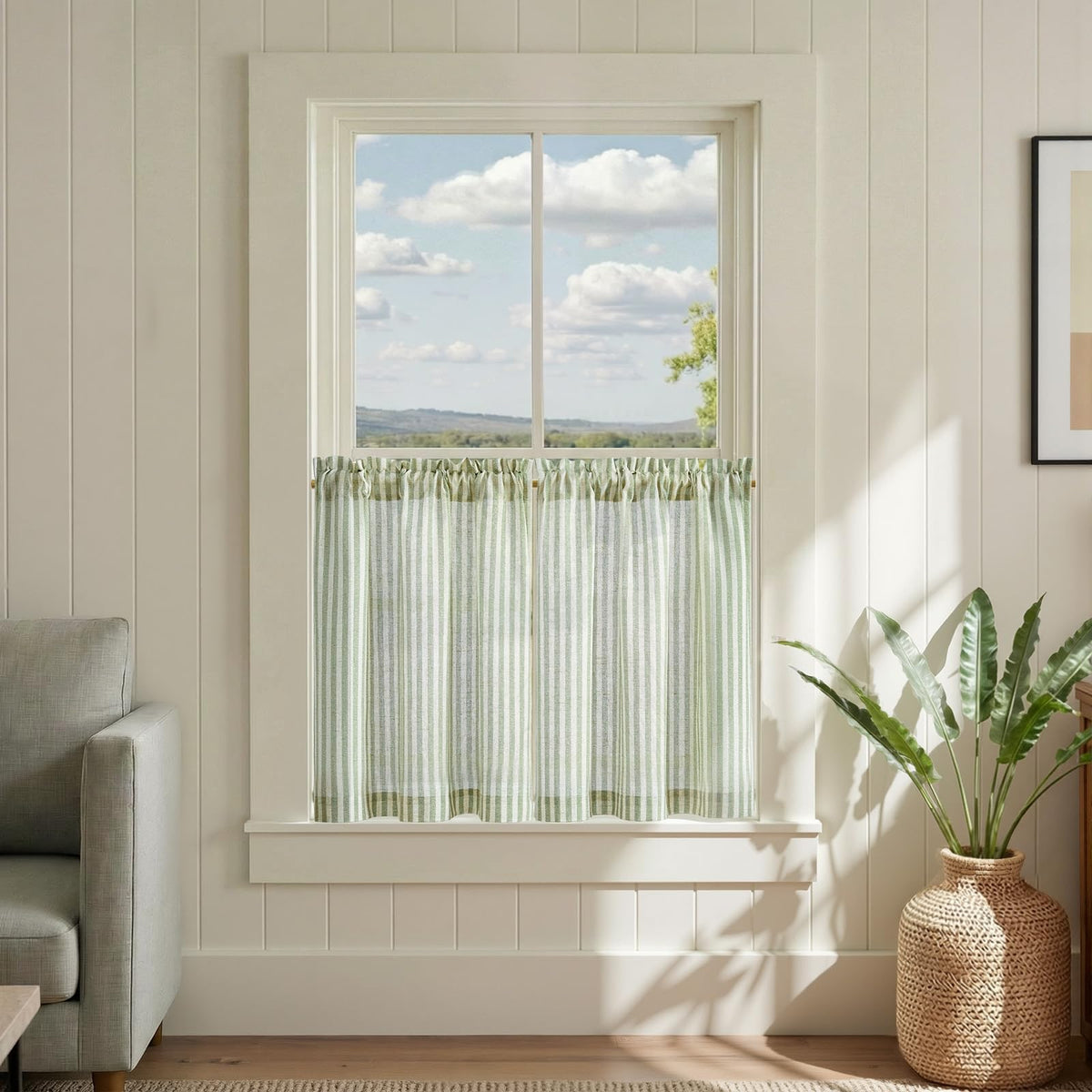jinchan Striped Linen Kitchen Curtains 36 Inches Length Tier Curtains Farmhouse Modern Cafe Style Small Window Treatments Airy Light Filtering Rod Pocket for Living Room Bathroom 2 Panels Sage Green