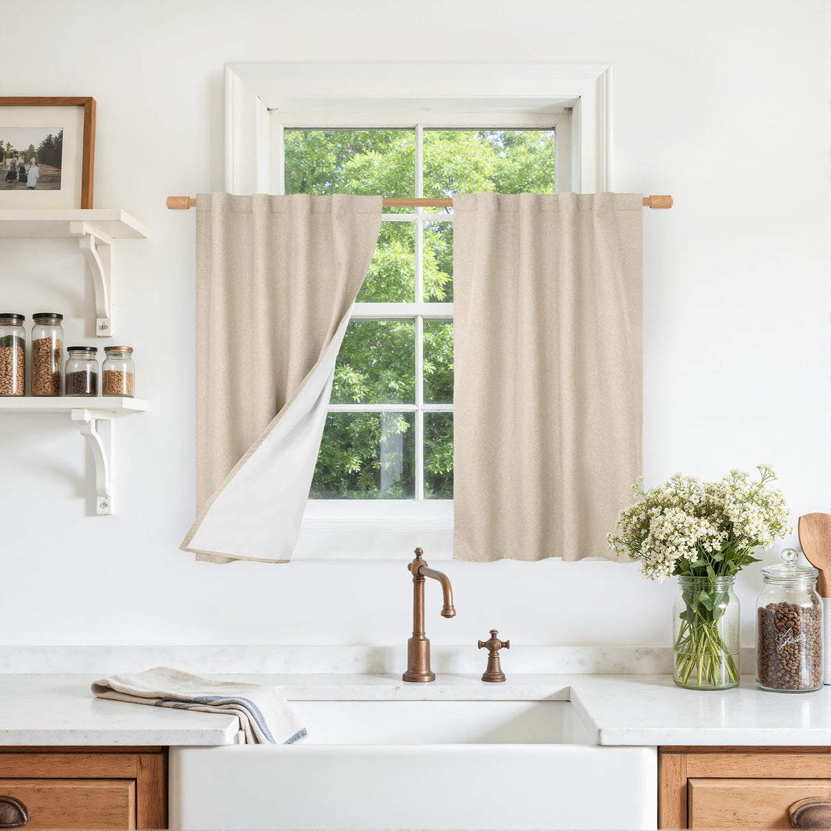 LAMIT 100% Blackout Short Linen Curtains for Cafe 40 Inch Length, Ivory