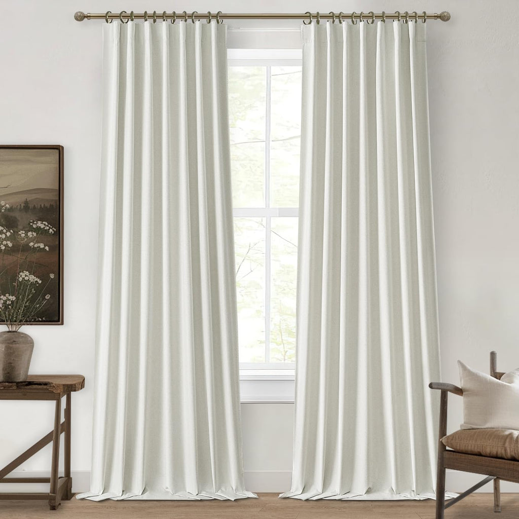 100% Blackout Curtains 84 Inch Length 2 Panels Set Farmhouse Style for Bedroom Windows/Living Room Thermal Insulated Neutral Boho Drapes Linen Blend Natural Ivory 7ft Long Hook Belt Pleated/Back Tab