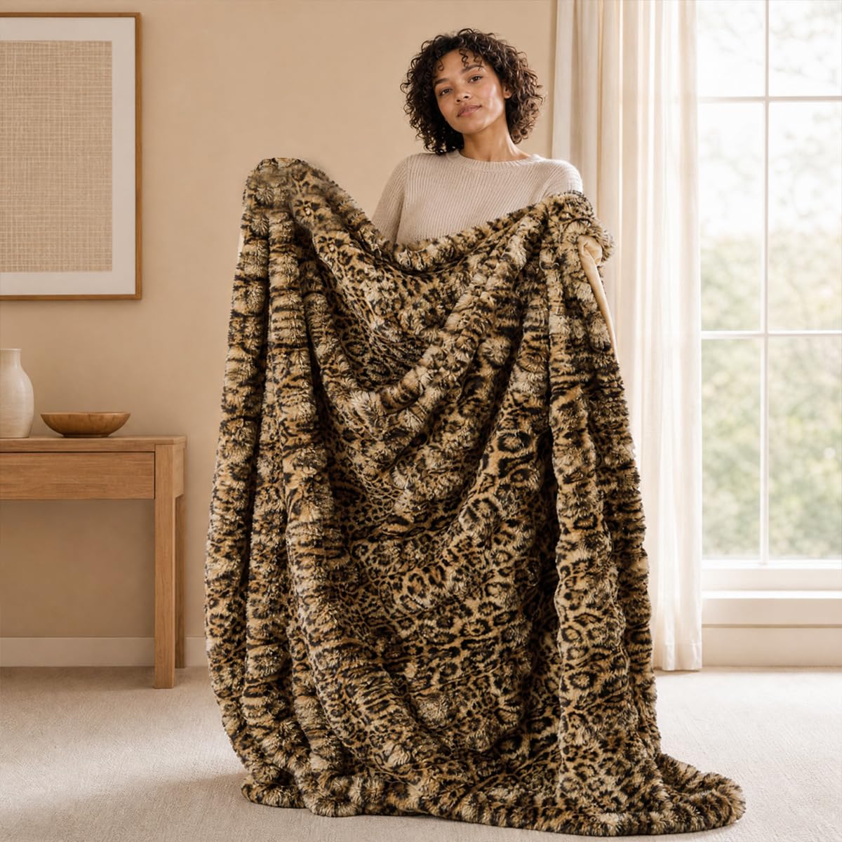 Lotus Karen Faux Fur Throw Blanket Cream White - Big Bubble Rabbit Fluff Blanket for Couch, Small Fluffy Fuzzy Cozy Blanket, Thick Furry Plush Shaggy Blankets, 50x60 Inches