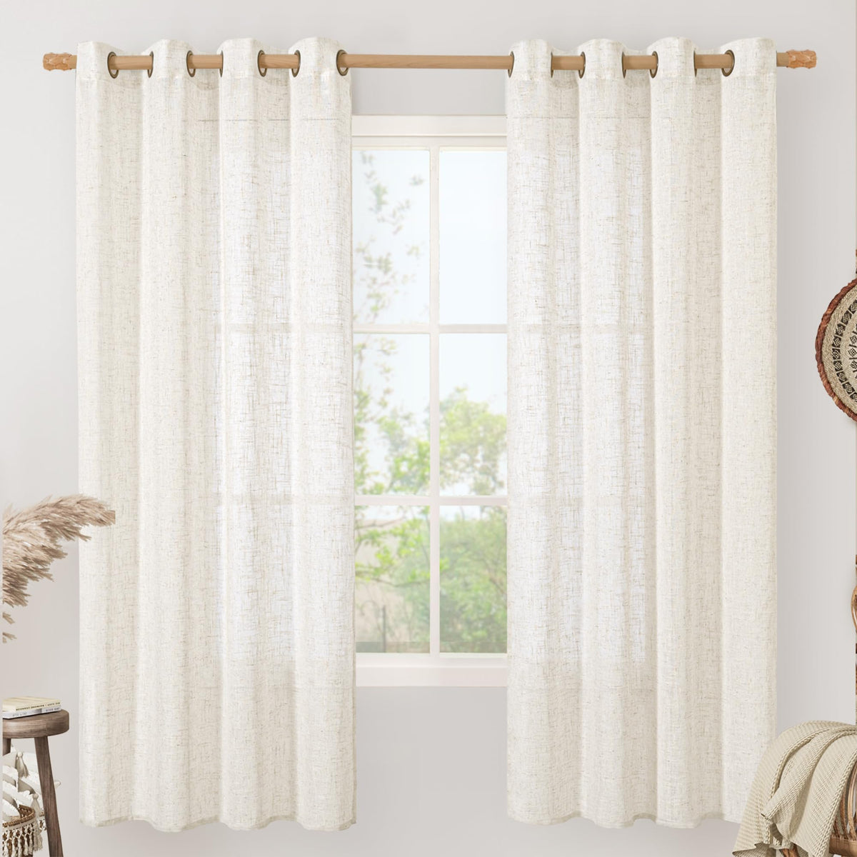 LAMIT Cream Ivory Linen Semi Sheer Curtains 84 inch Length for Bedroom