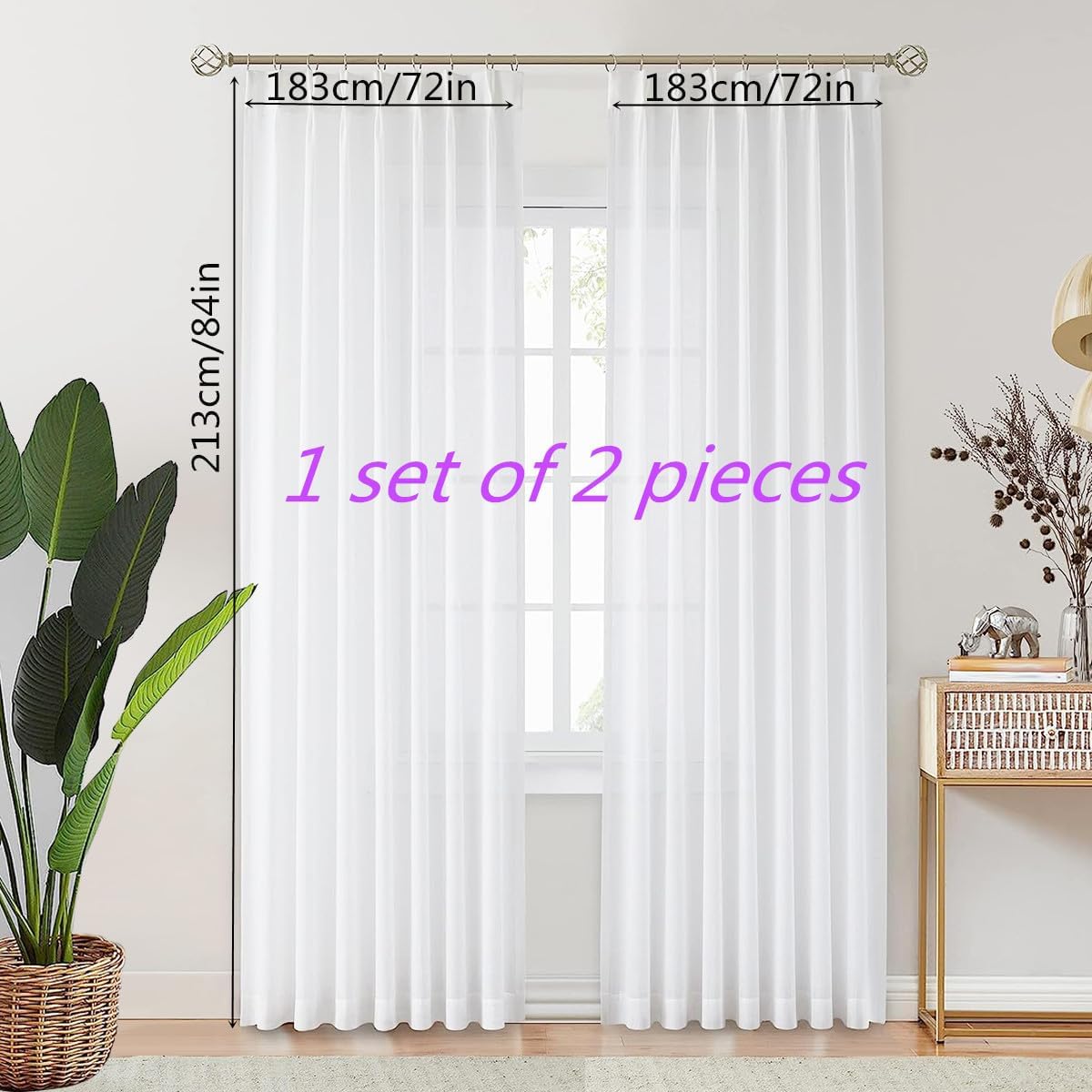 White Curtains Sheers for Living Room 84 inch Length 2 Panels, Pinch Double Pleated Sheer Curtains with Custom Multi Size (2 Panels, 72 inches Wide Each Panel, White)